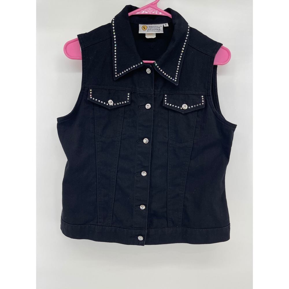 Christine Alexander Womens Black Denim Rhinestone Embellished Vest Small Cotton